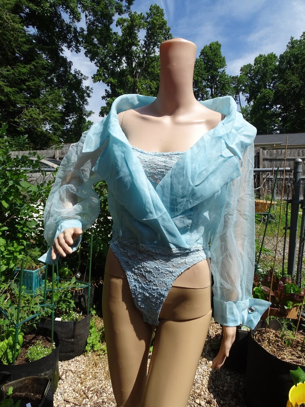 Vintage 80s Tadashi Sheer Overlay Lace Bodysuit Bling Cuff Blue Size 8 Glam